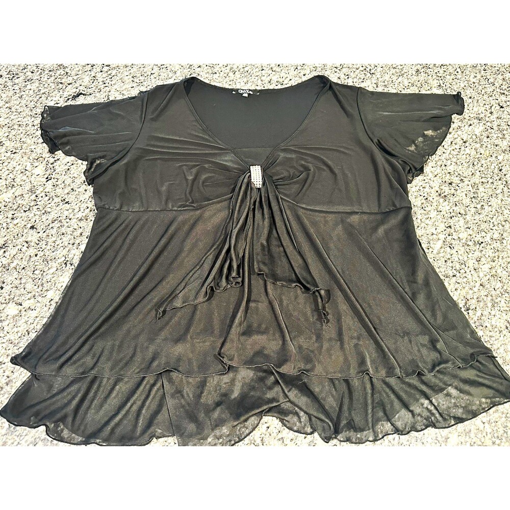 Onyx Nite Women’s 22W Black Rhinestone V-Neck Ruffle Hem Blouse